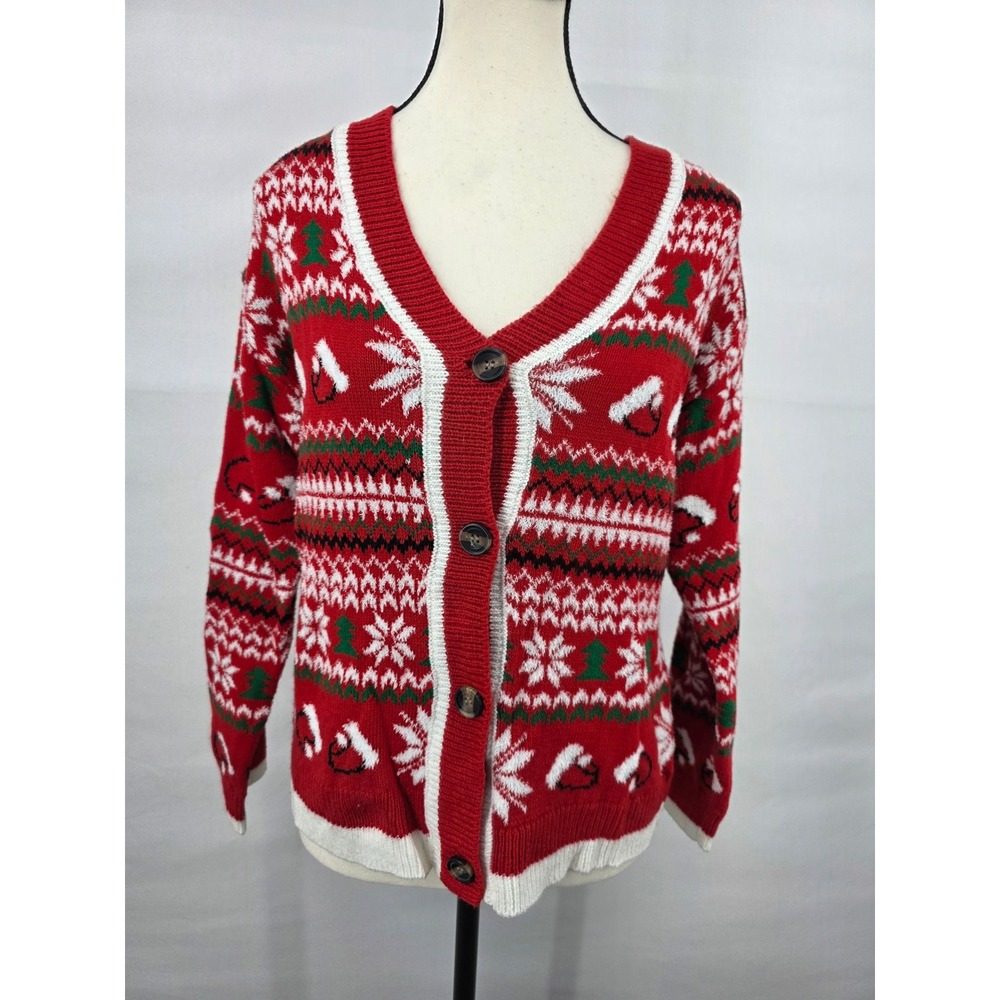 Merry Christmas by Poof Red Fair Isle Holiday Cardigan Sweater Women Small